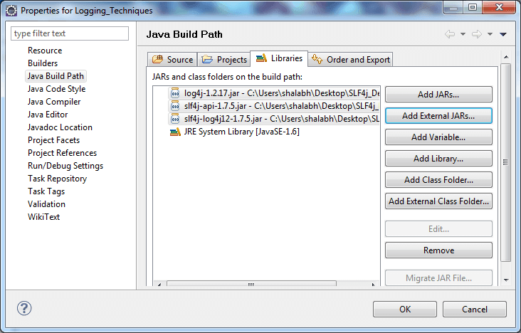 Adding slf4j and log4j jars